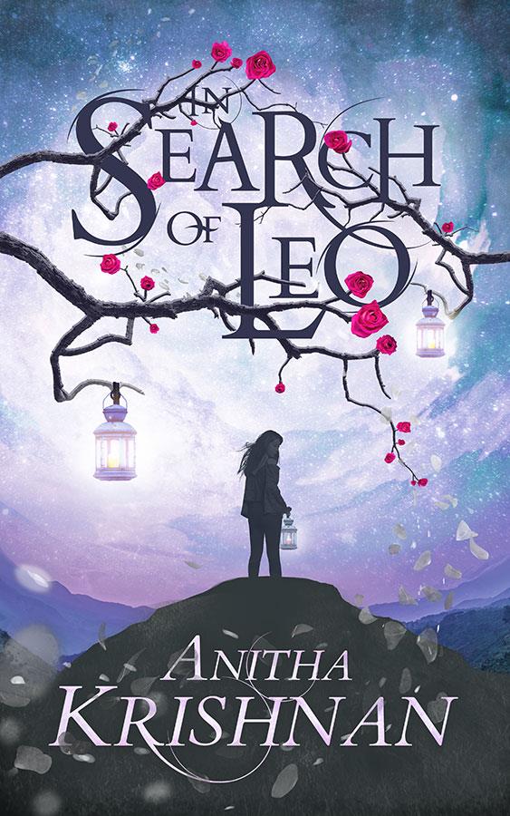 Ebook cover of In Search of Leo depicting a young adult standing atop a rock and holding a lantern in the moonlight