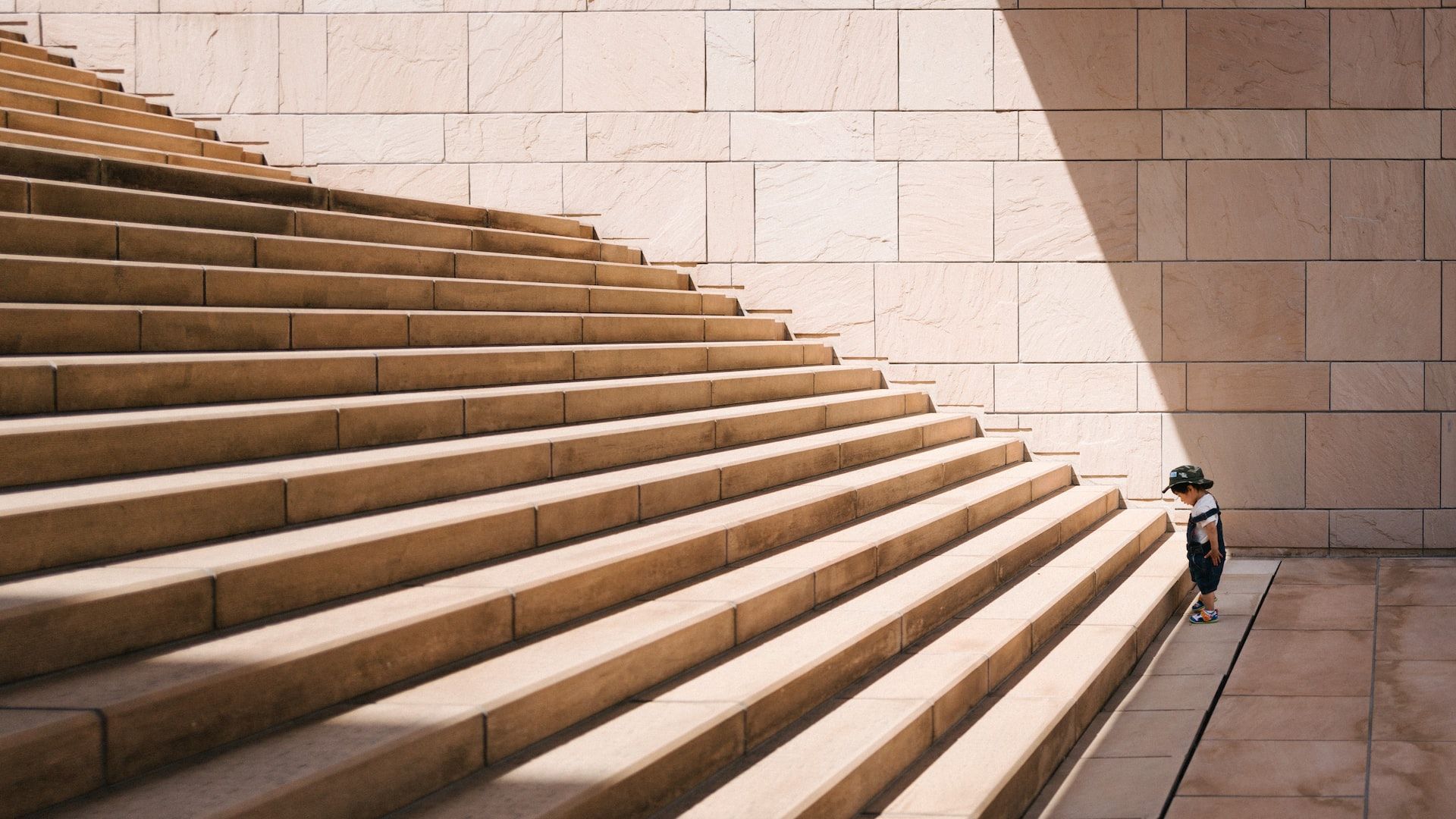 a child contemplating a long flight of steps rising up in front of him