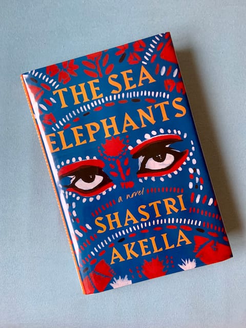 Hardback copy of The Sea Elephants by Shastri Akella featuring an illustration of a blue elephants' eyes