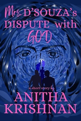 ebook cover of Mrs. D'Souza's Dispute with God featuring a blue-faced portal and silhouettes of people walking through it
