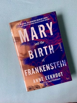 hardback copy of Mary and the Birth of Frankenstein by Anne Eekhout featuring a portrait of Mary Shelly