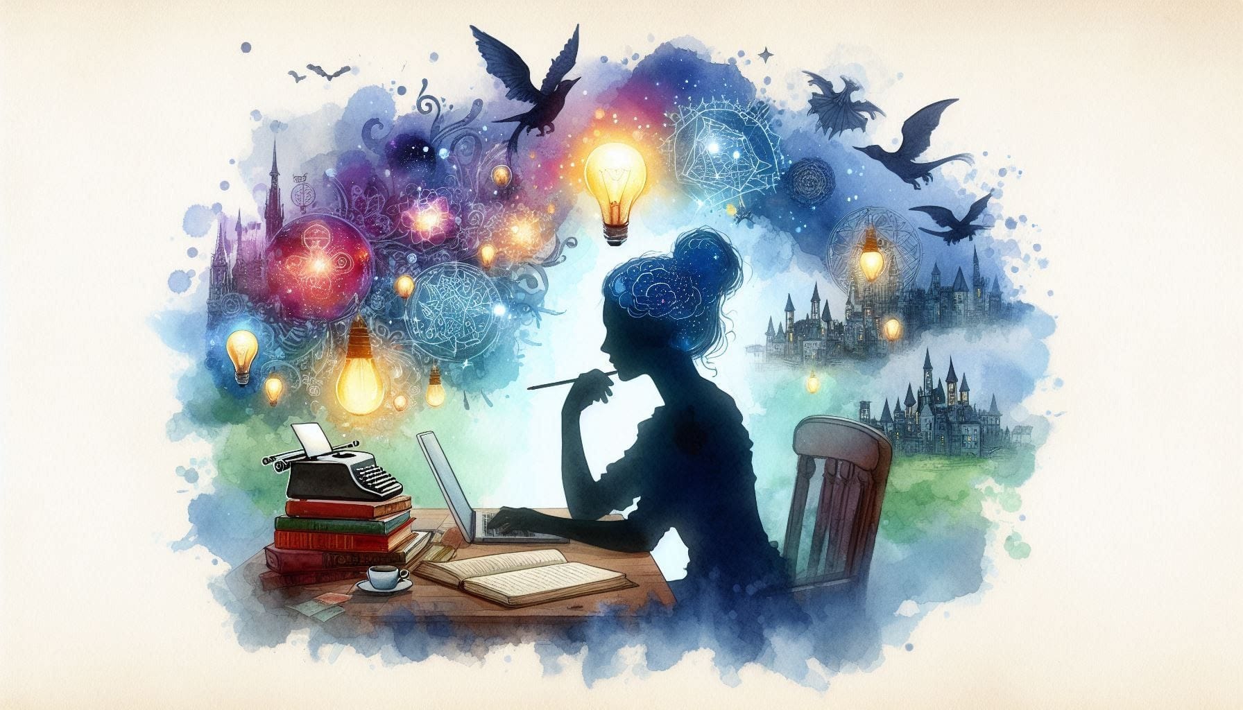 watercolour illustration featuring silhouette of a woman sitting at a desk with a laptop, typewriter and books surrounded by images of ideas