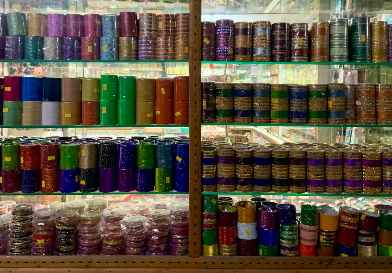 colourful bangles in a shop window