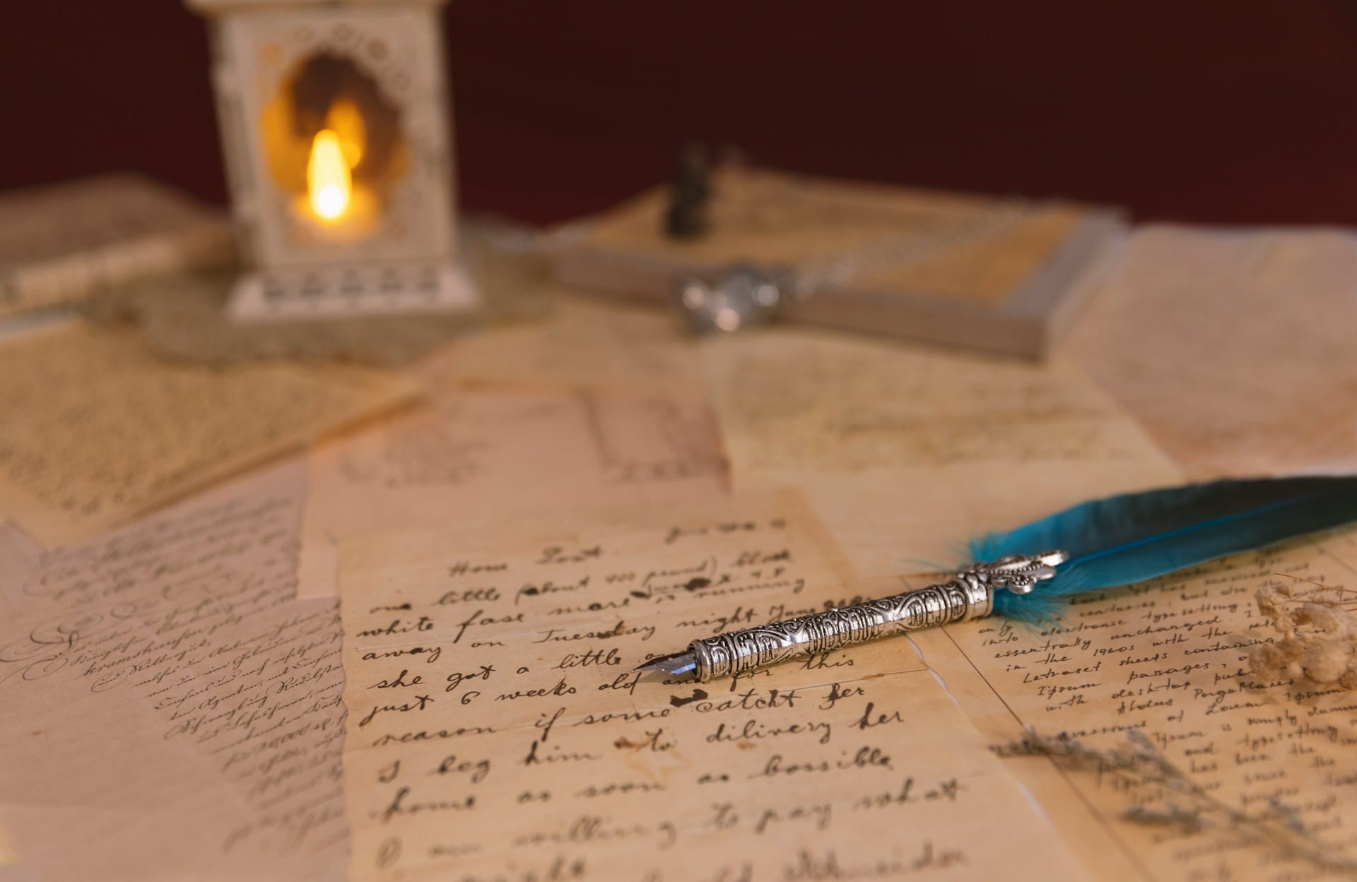 an ink quill with blue feather resting atop a sheaf of handwritten papers