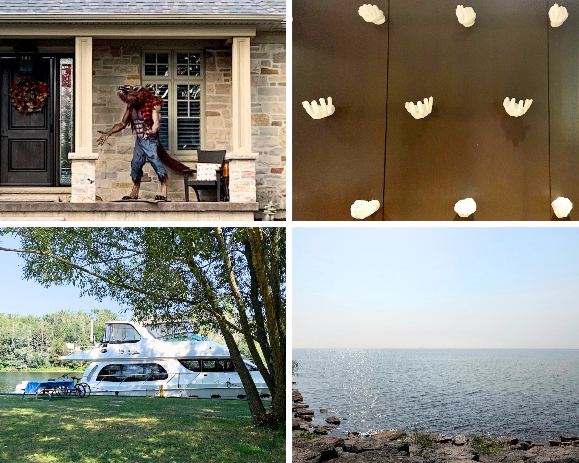 collection of images featuring a werewolf prop, sculpted hands on a wall, a moored yacht, and sunlight sparkling on lake water