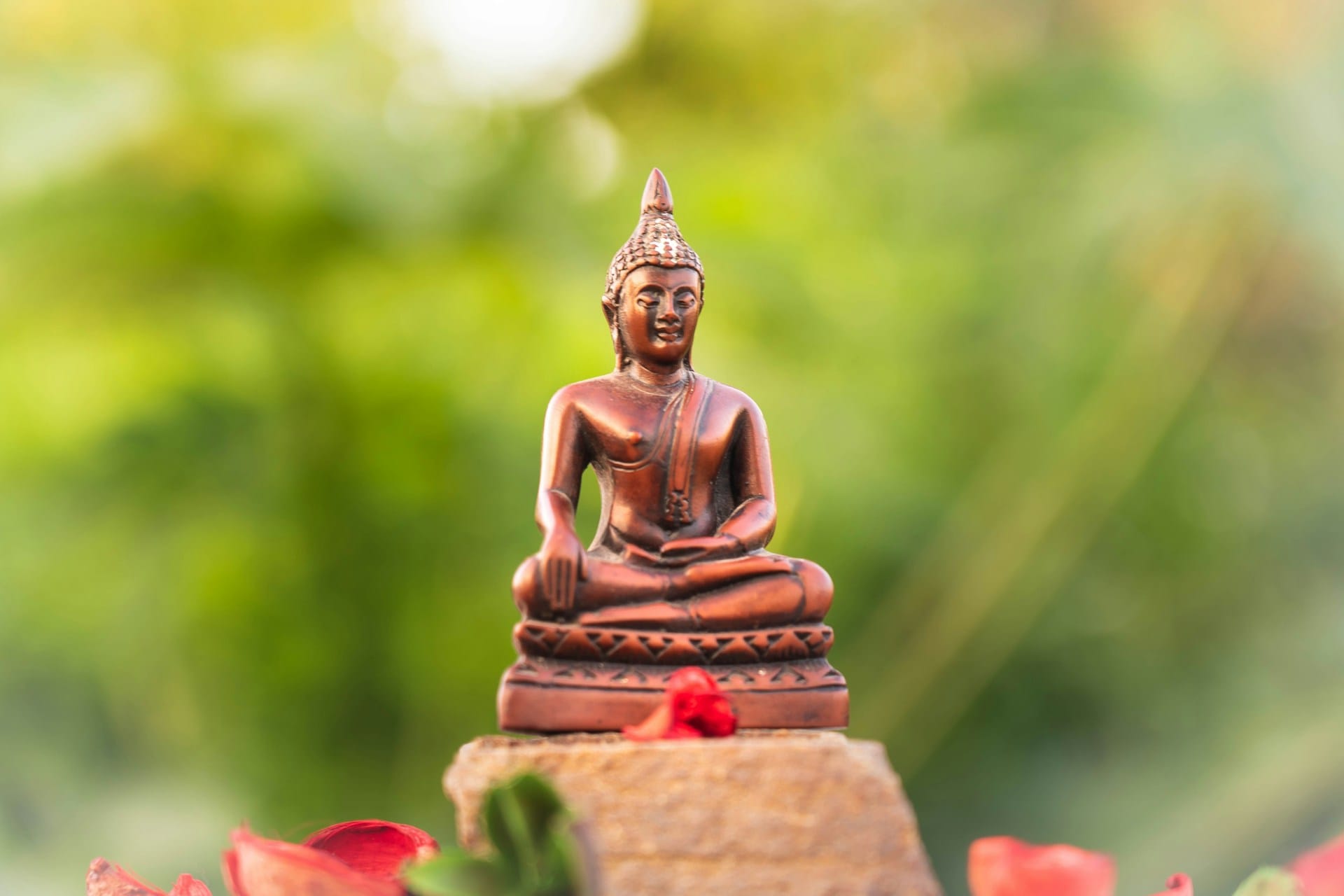 bronze statue of Buddha against a blurred green backdrop of nature