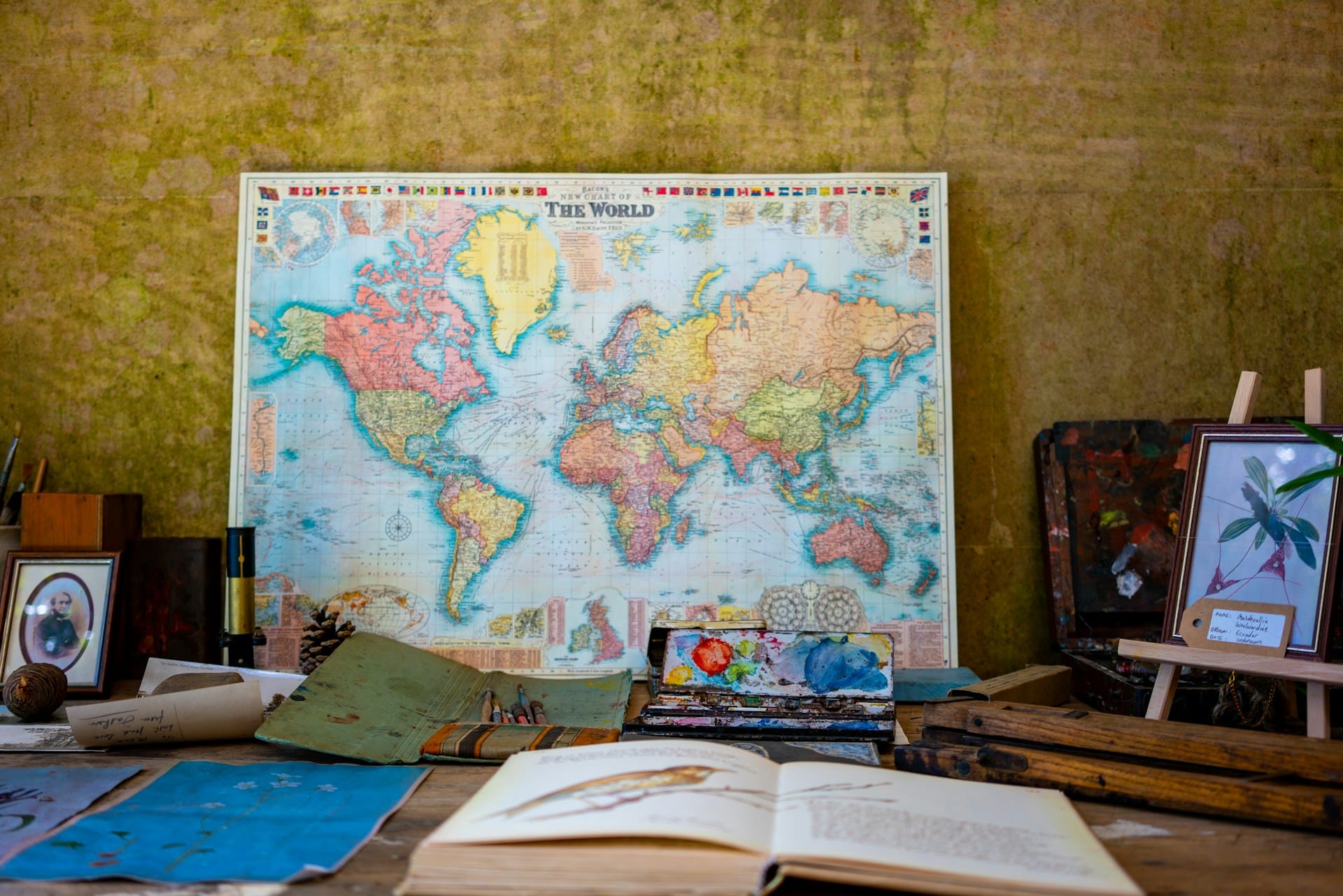 framed world map propped up against a wall atop a deck that has an open book and some photo frames on it