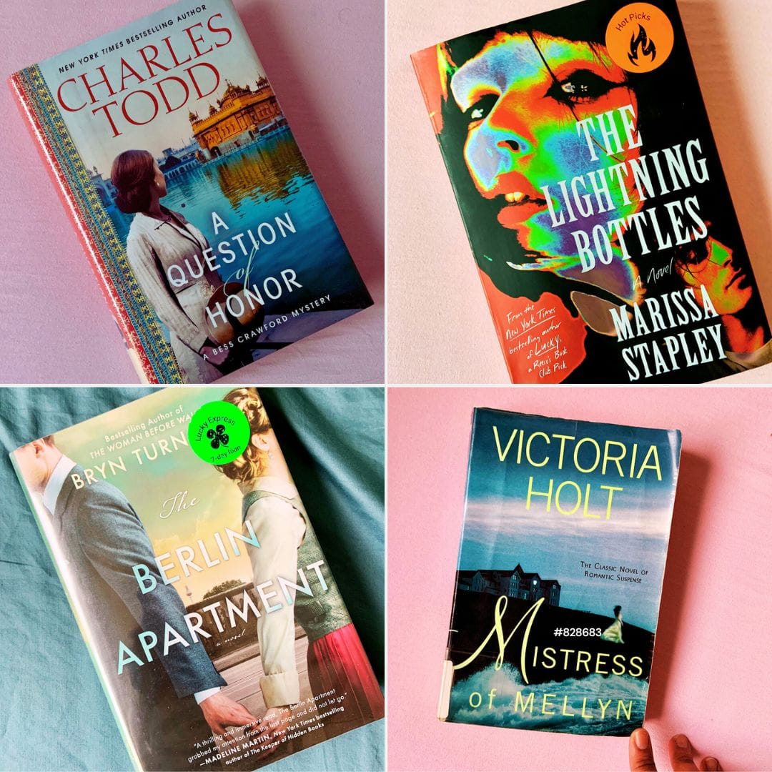 Paperback copies of four books I read this month: A Question Of Honour, The Lightning Bottles, The Berlin Apartment, The Mistress Of Mellyn