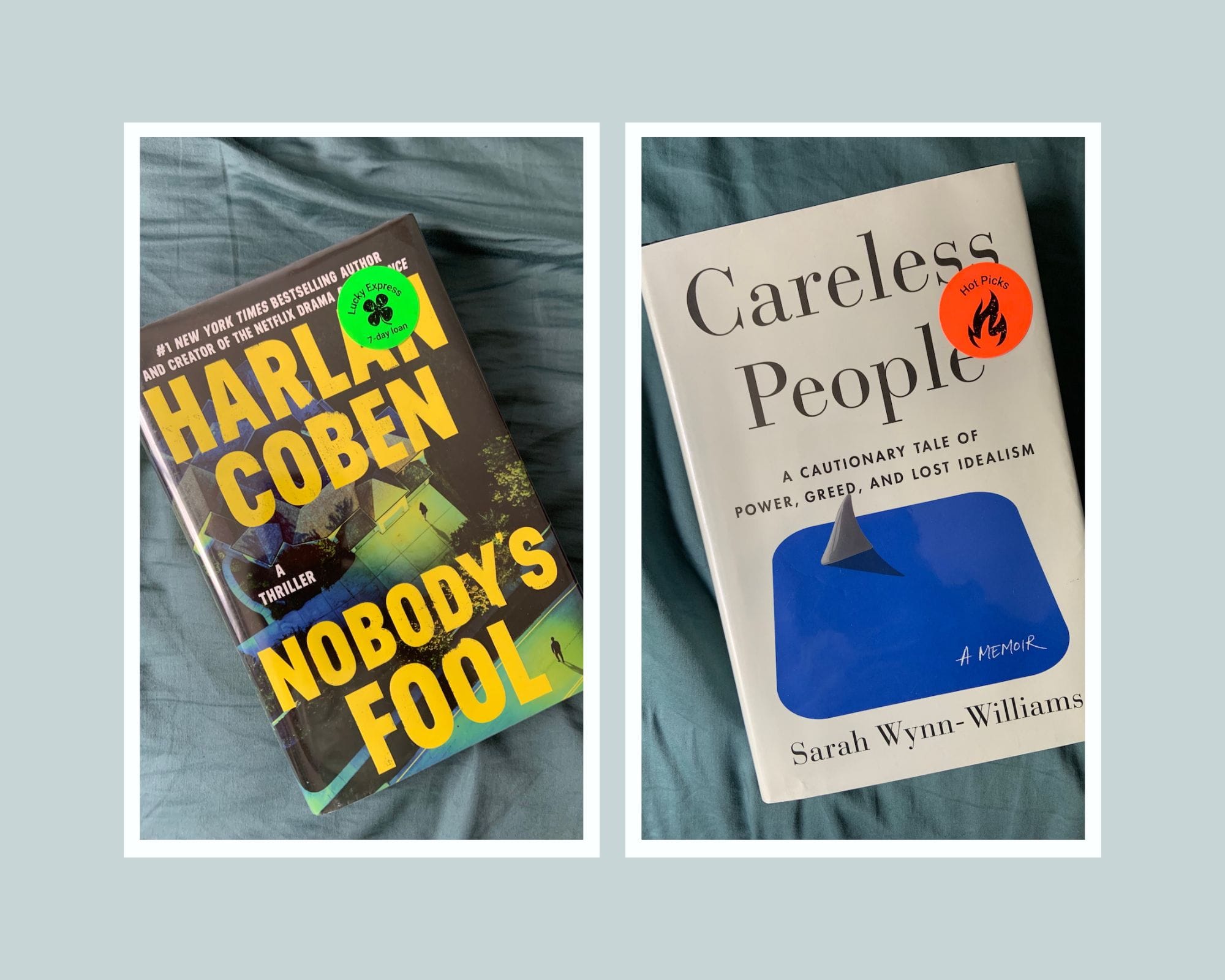 2-photo collage displaying hardcover copies of Harlan Coben's Nobody's Fool and Sarah Wynn-Williams' Careless People