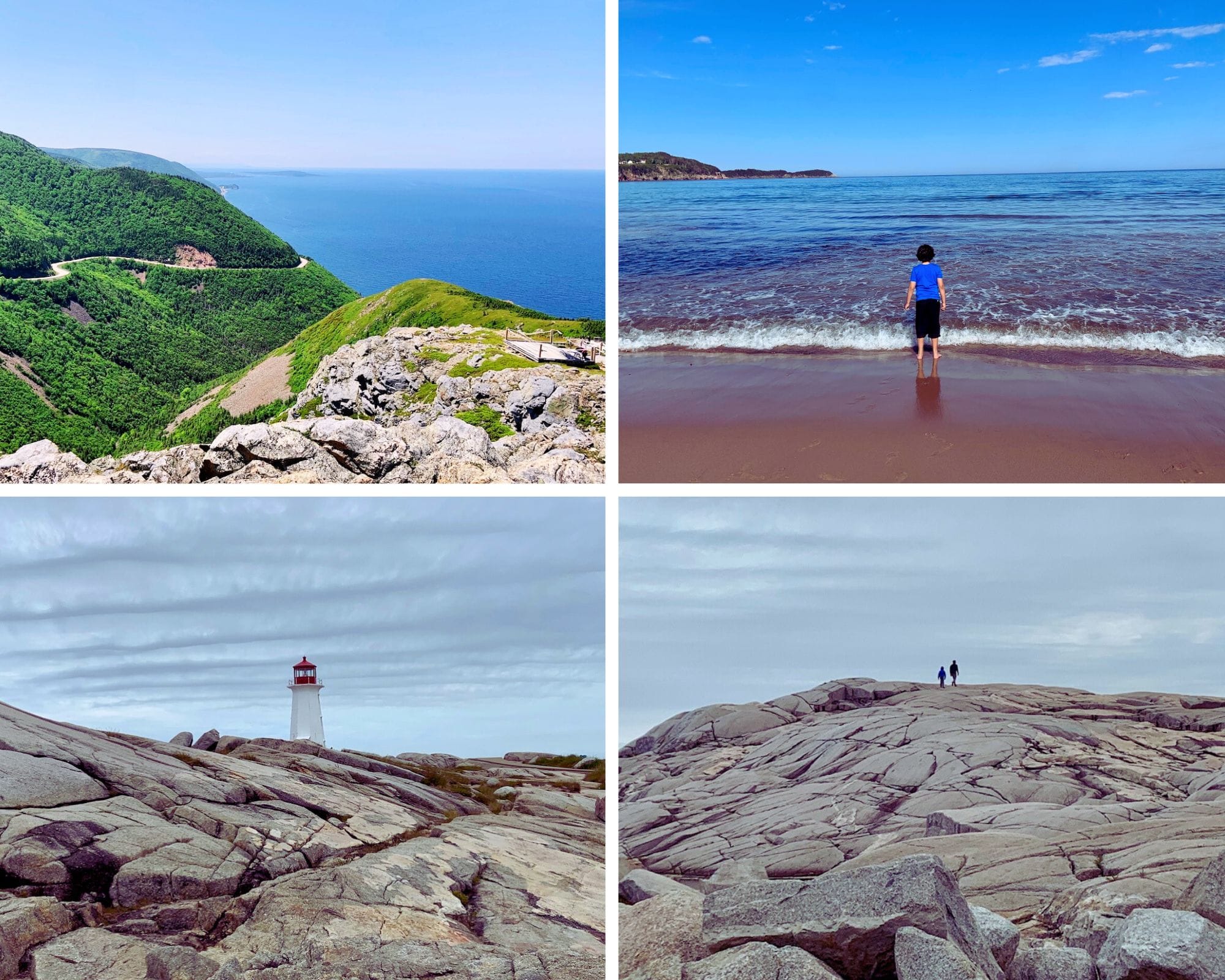 4-photo collage featuring views of the Atlantic from atop the Skyline Trail, Ingonish Beach and Peggy's Cove