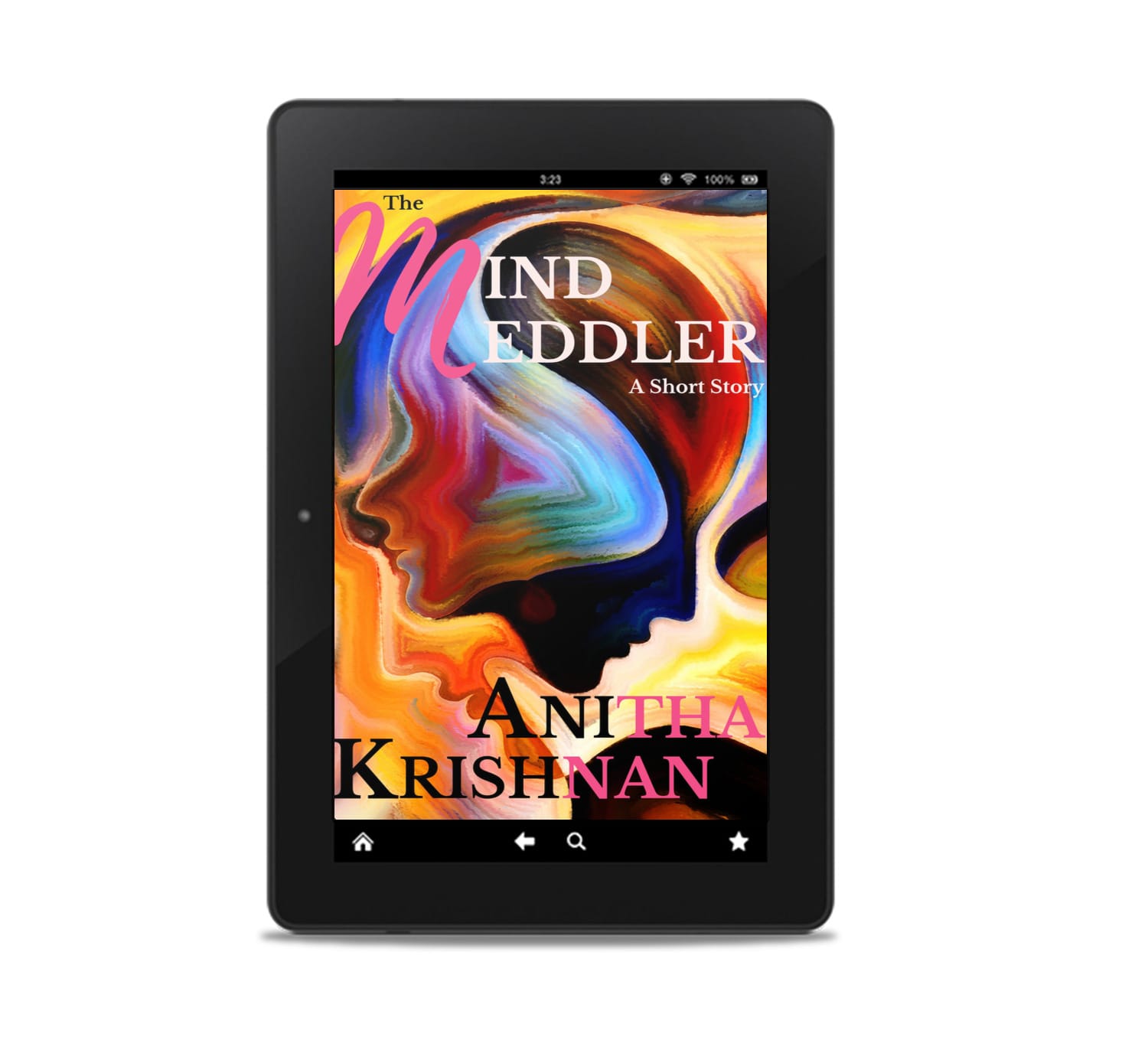 Image of an e-reader displaying the cover of my short story 'The Mind Meddler' featuring colourful silhouettes of human heads in profile