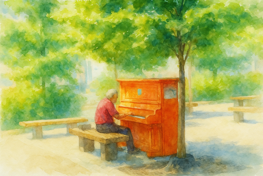 watercolour rendering of an image of an old man playing a piano under a leafy canopy