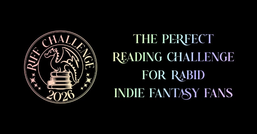 Poster featuring a logo with a dragon perched on a pile of books and a text asking readers to join the Rabid Indie Fantasy Fan reading challenge