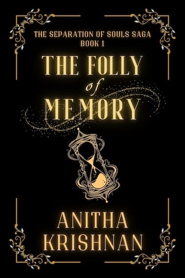 Ebook cover of The Folly Of Memory featuring gold font against a dark background and a golden hourglass in the centre