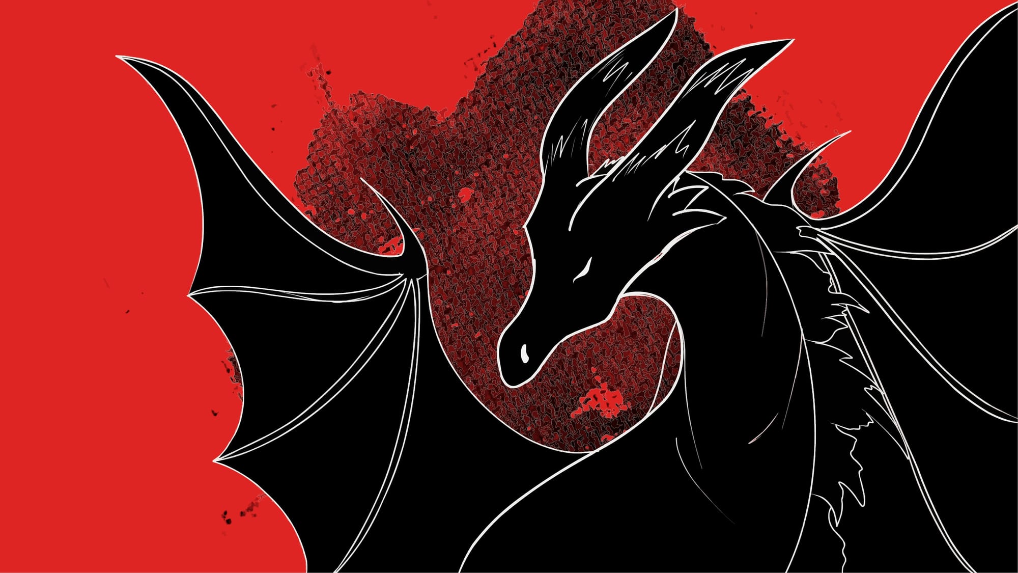 a black dragon with white outlines against a red background