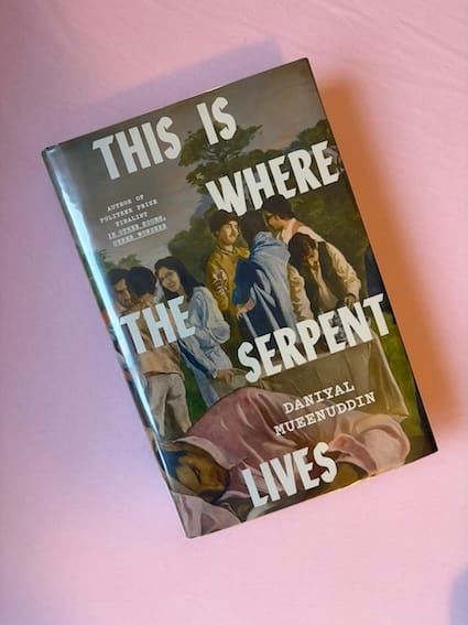 Hardback Copy of This Is Where The Serpent Lives by Daniyal Mueenuddin featuring a man resting surrounded by small groups of people in conversation