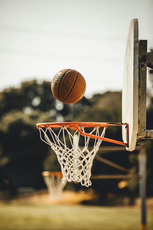 close-up image of a basketball about to go into a hoop against a blurred background of greenery
