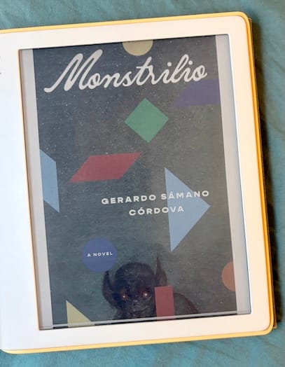 ebook cover of Monstrilio featuring a little monster against a black background filled with colourful geometric shapes