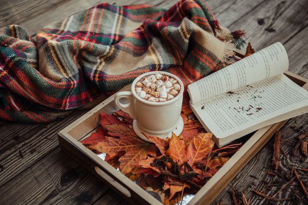 a cup of hot chocolate and marshmallows, a book and autumn leaves in a tray alongside a warm shawl on a wooden table