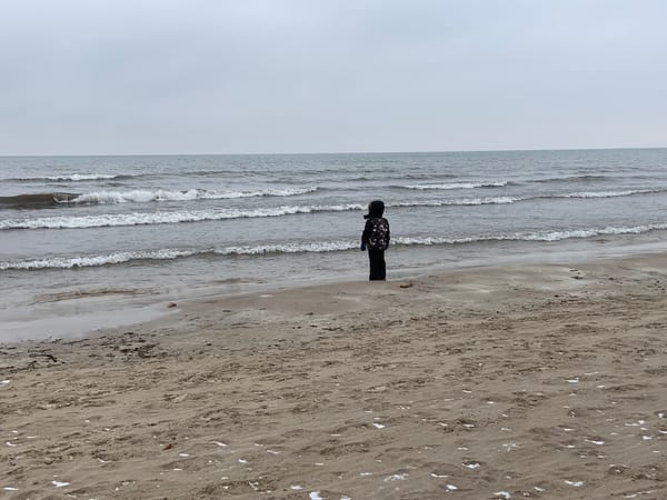 a child in winter gear standing on the beach and looking out at the waves