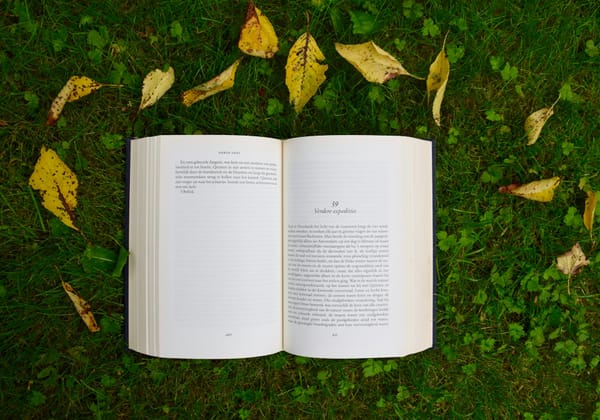 an open book laid on grass with yellow leaves surrounding it