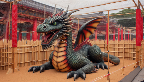 a dragon sitting on the ground behind a netted fence against the backdrop of a temple