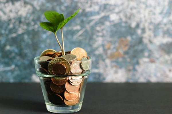 a small plant growing from a glass pot filled with coins