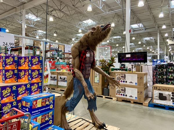 a werewolf prop set up in a department store