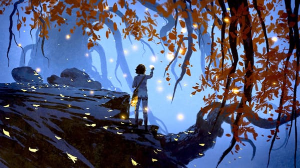 young girl gathering golden falling leaves on a clifftop