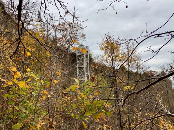 a metal stairway in a caged enclosure by the side of a cliff