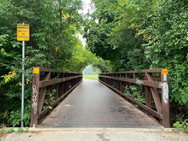 a metal bridge over a creek under a thick canopy of trees with a yellow sign saying 'Caution, No Salt on Bridge'