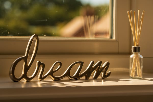 the word dream, captured in an ornament on the windowsill, with the early morning sun casting a beautiful golden light upon it and creating a shadow.