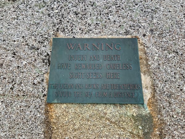 metal sign on a boulder by the oceanside issuing a warning stating 'Injury and Death have rewarded careless sight-seers here."