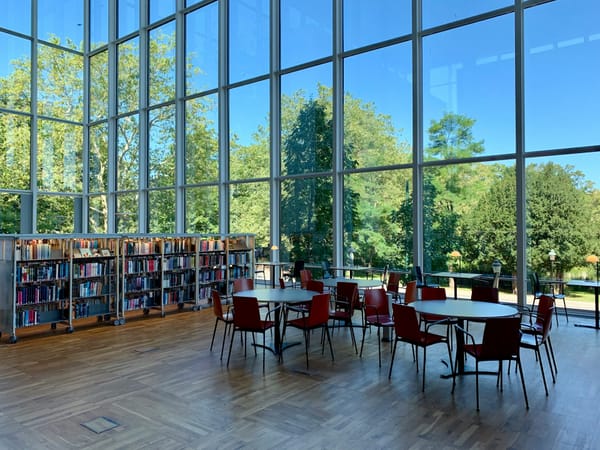 bookshelves and chairs and tables in a glass-walled room looking out at green trees and a bright blue sky