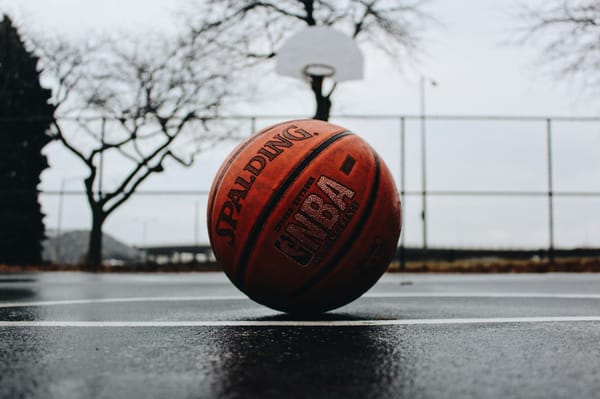 a Spalding basketball resting on a grey court with a blurred grey background featuring a hoop and a leafless tree