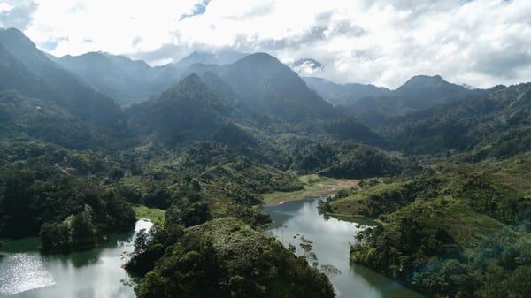 a river flowing through dense green mountains shrouded in clouds and mist