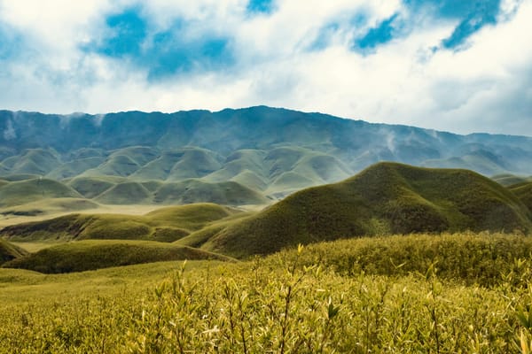 a grassy field with mountains in the background in Nagaland