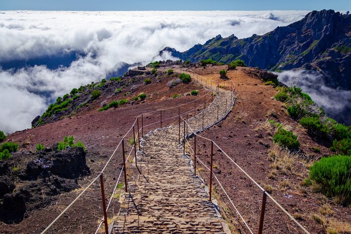 fenced path on top of a mountain leading to clouds in the distance