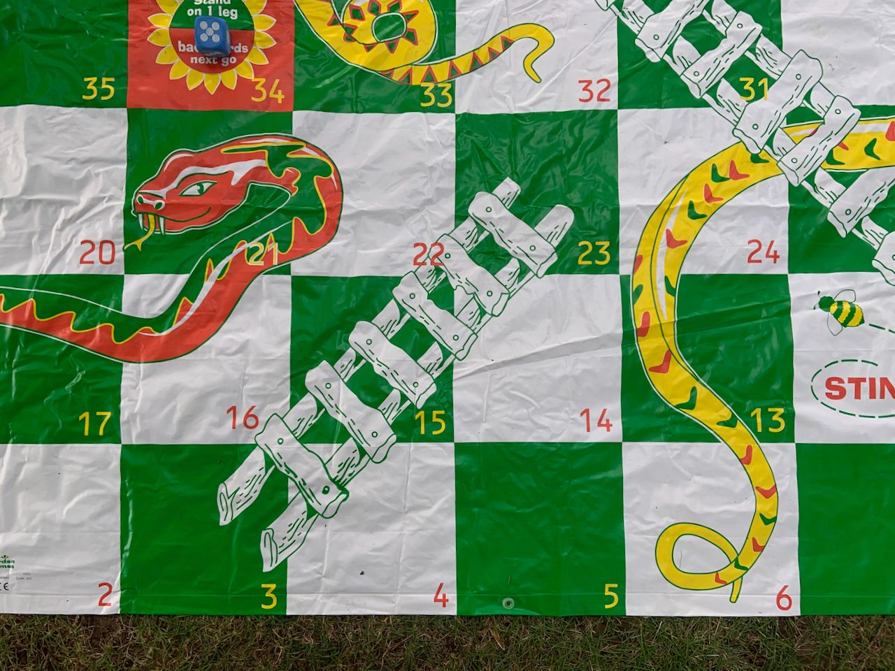 a giant cloth-board of snakes & ladders laid out on the grass