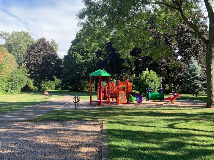 a neighbourhood playground with slides and a climbing structure under the shade of trees and a blue summer sky