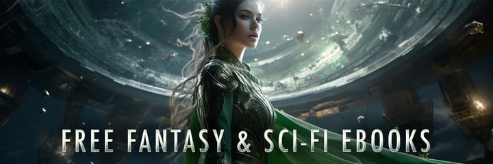 image of woman against a space background with the caption 'Free Fantasy & Sci-Fi Ebooks'