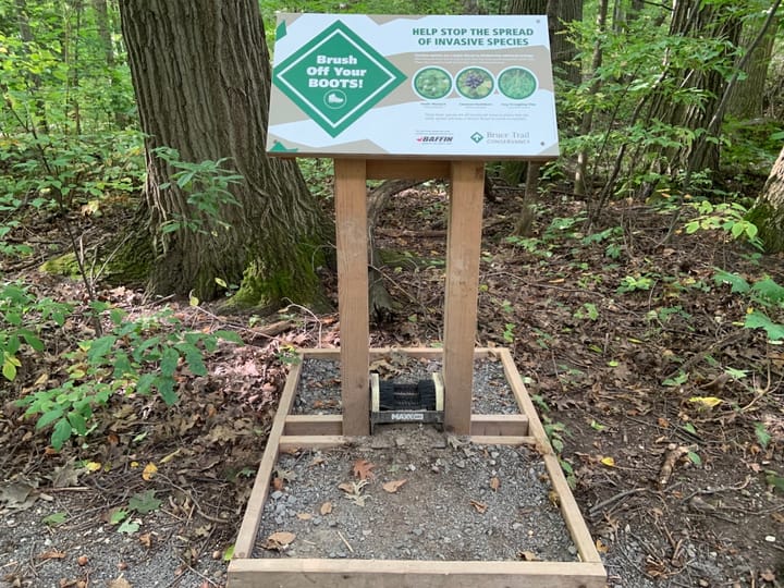 wooden notice in the woods with illustrative tips on how to 'Help stop the spread of invasive species'