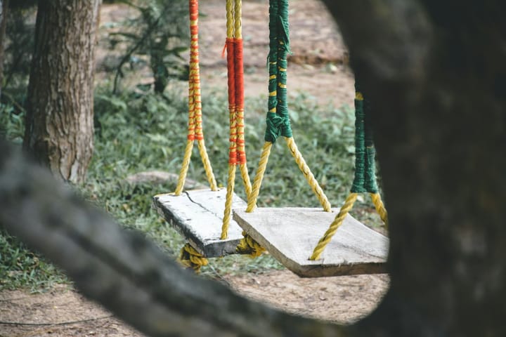 a pair of wooden swings hung from a tree to refer to childhood memories and how we can heal ourselves with empathy for our parents